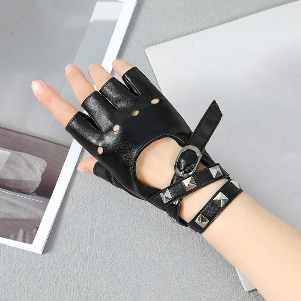 Punk Rivets Belt Wrist Gloves Cool Anti-Slip Half Finger Gloves Trendy Breathable Driving Gloves Rock-and-roll