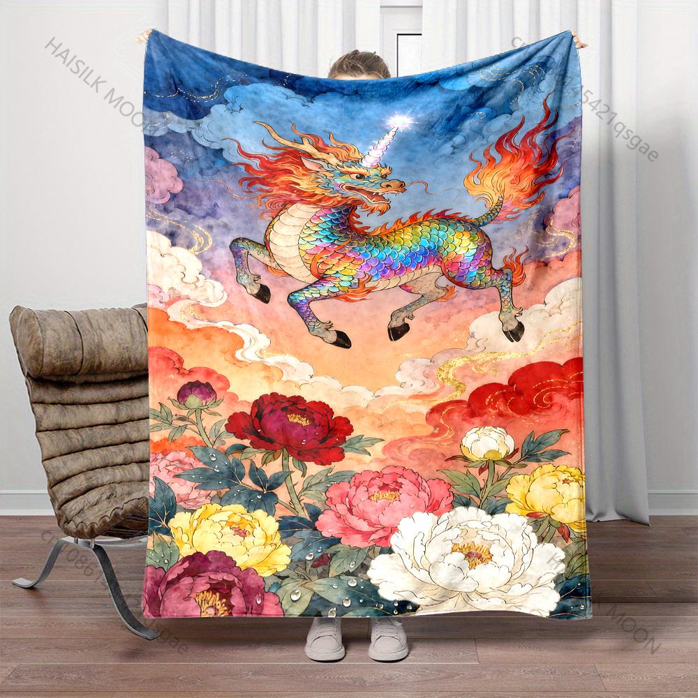 Multiple Sizes Qilin Flying In Colorful Clouds Blanket Suitable for Home Bedroom Sofa Travel Camping Blanket Various Sizes Gifts
