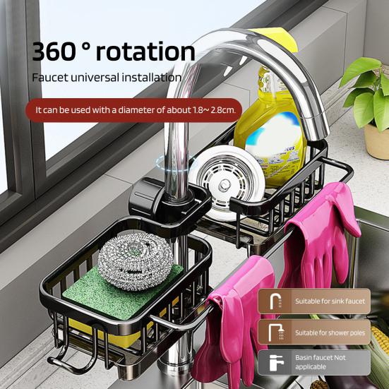 

Органайзер для смесителя для кухонной раковины, держатель для губки, держатель для полоски, дизайн отверстий, улучшенный дренаж, простая установка, органайзер, стойка для раковины чёрный