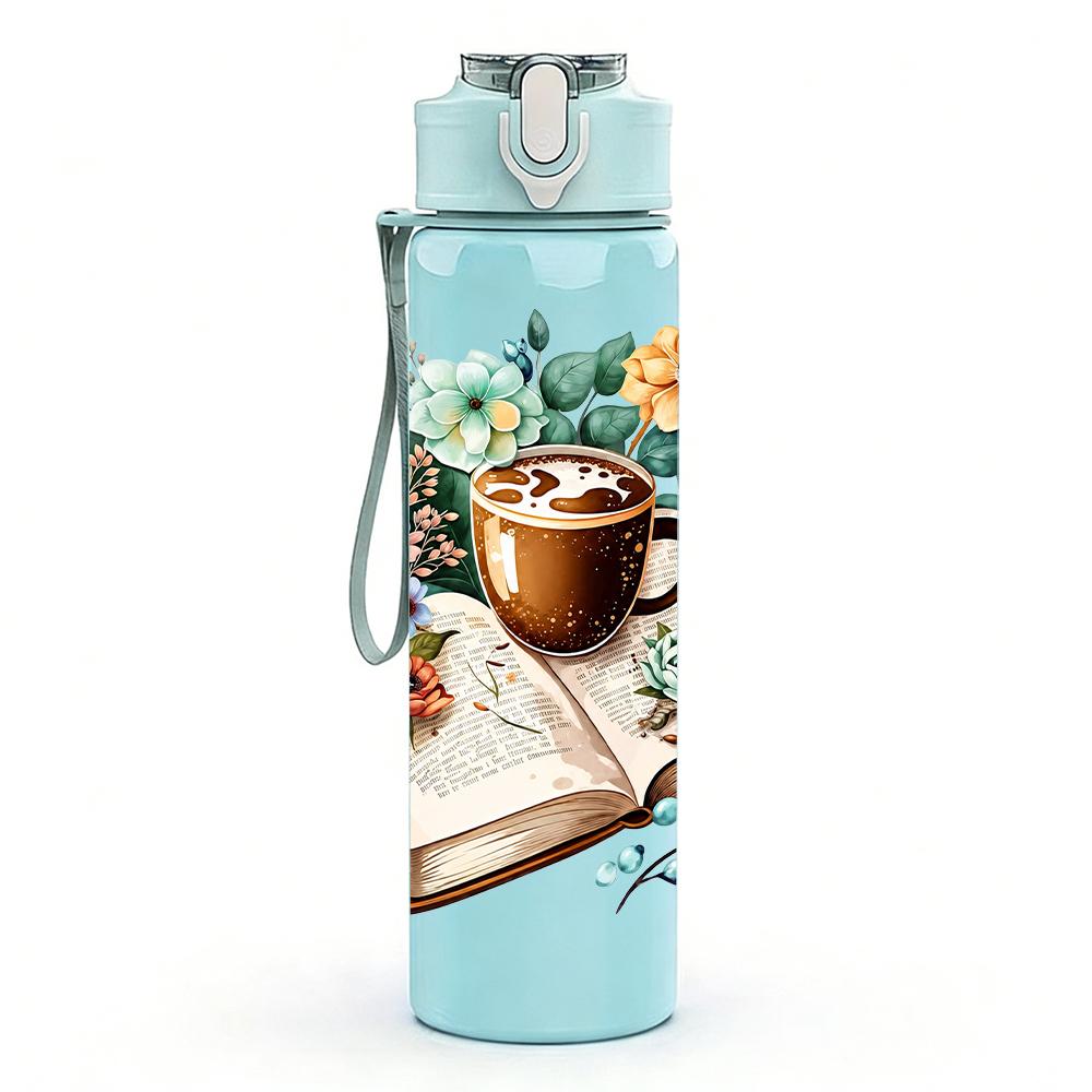 1PC Book Coffee Cup Floral Combo 750ml Color Plastic Sports Water Bottle Leakproof Flip Straw Lid Suitable for Sports Office Home Use