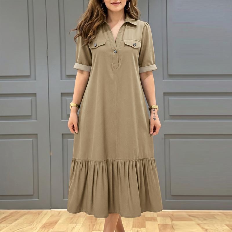 ZANZEA Damen Lässiges Einfarbiges Lockeres Kleid mit Umlegekragen und Halblangen Ärmeln
