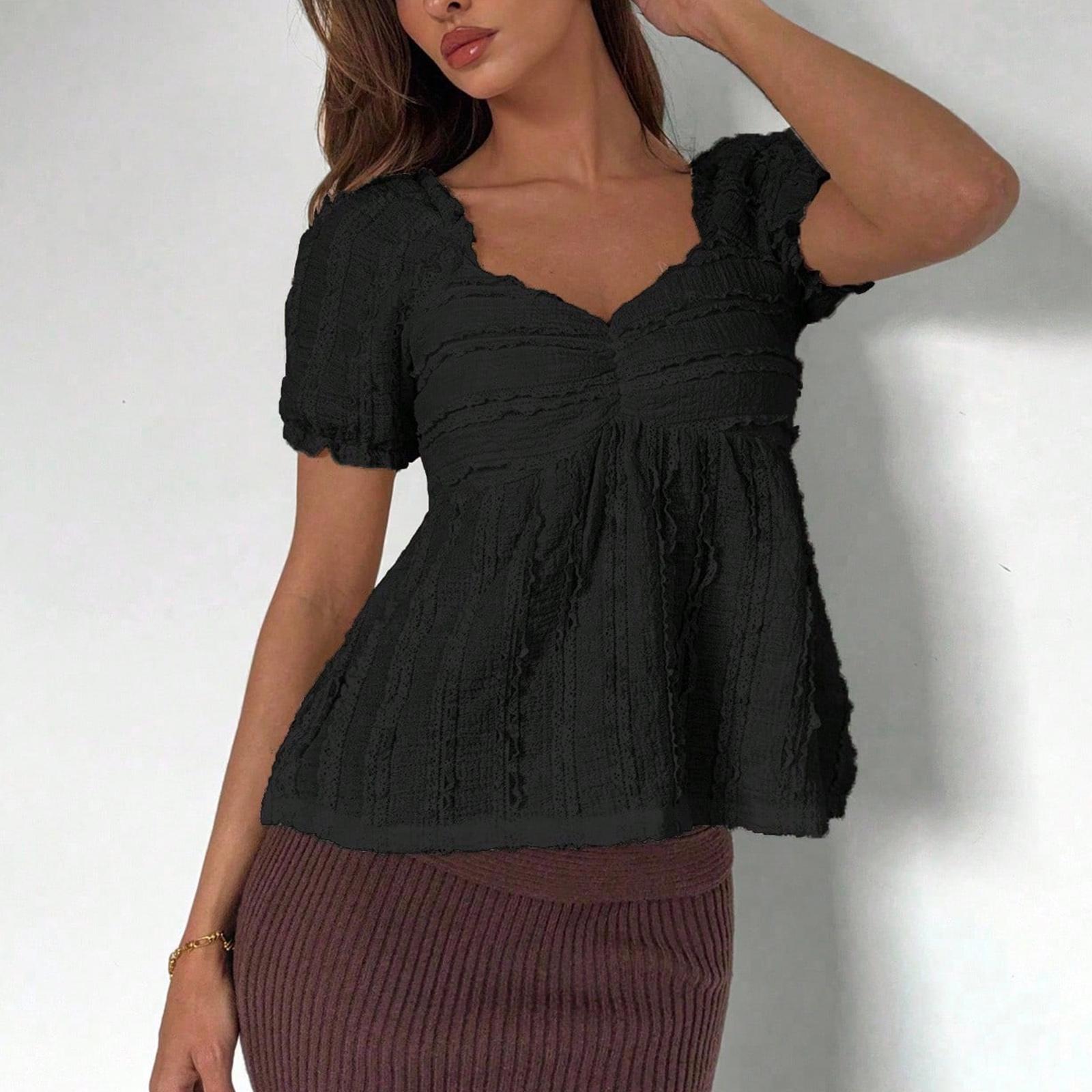 Women s V-Neck Fashionable Minimalist Puff Sleeve T-Shirt Top M чёрный
