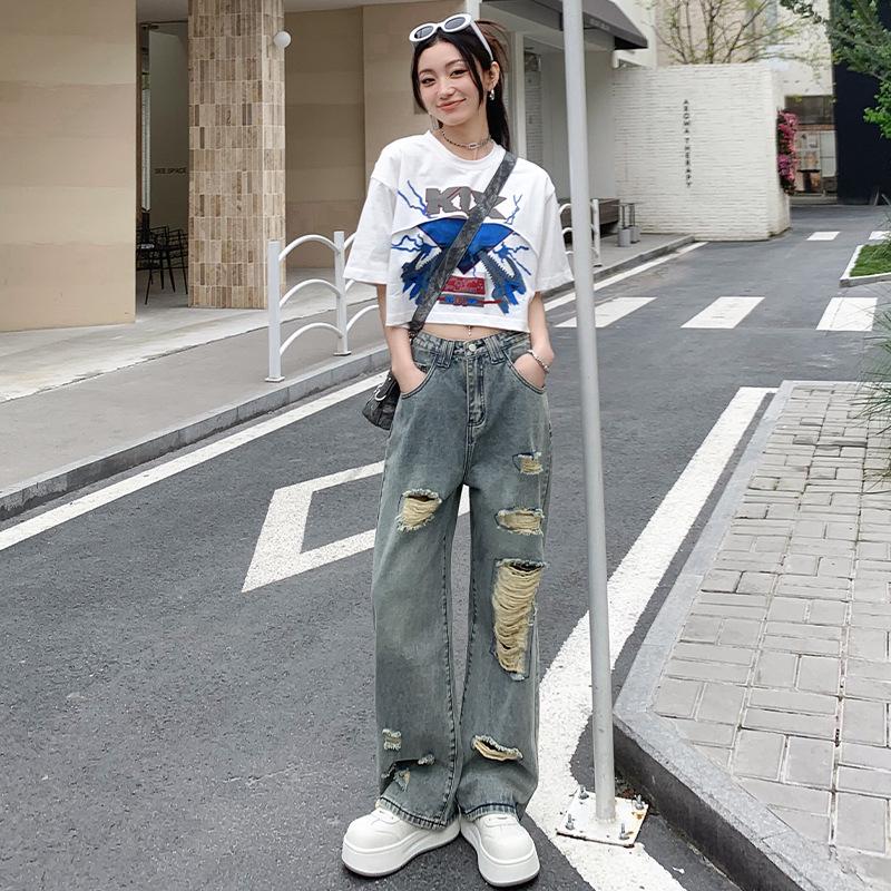 

Korean High-Waist Retro Ripped Jeans - Loose, Slimming Wide Leg Pants for Women 2XL