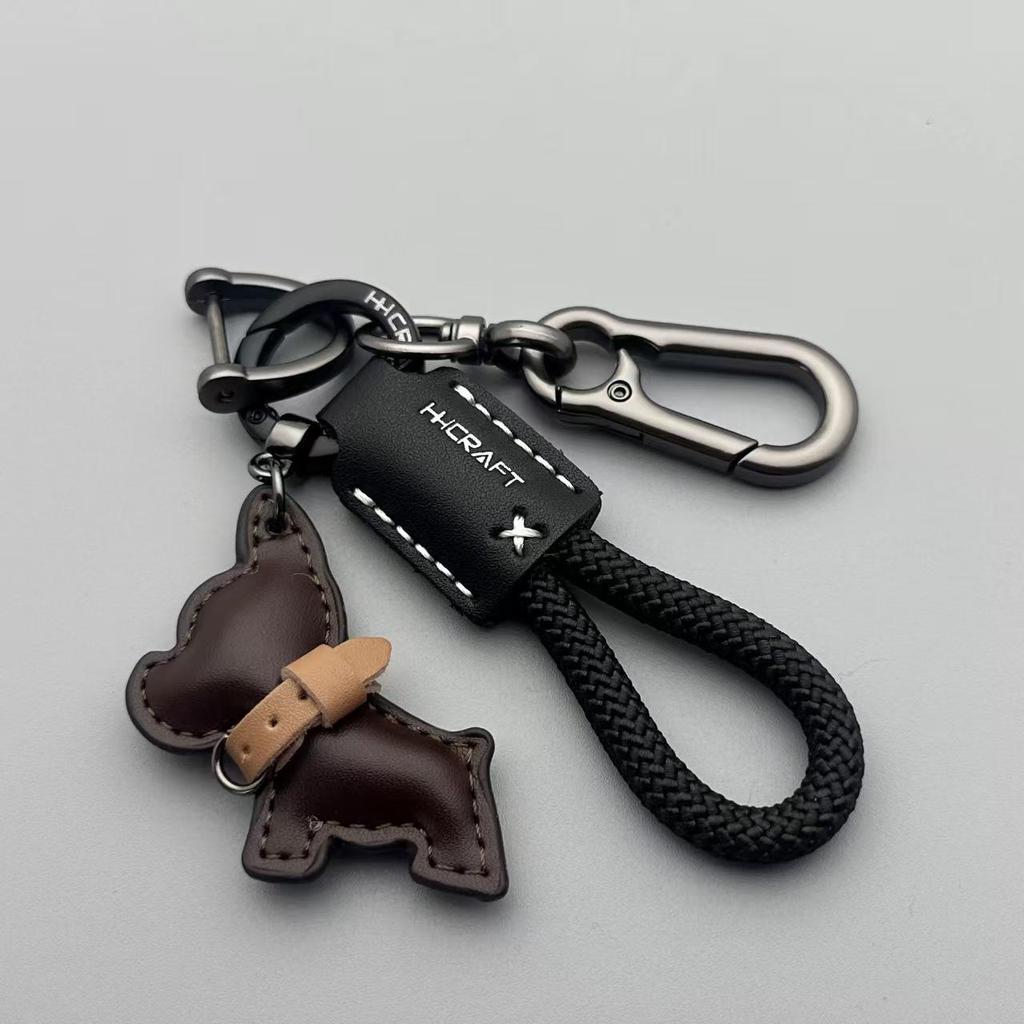 French Bulldog Real Leather Puppy Keychain with Apple Pendant - Wedding Toss Gift