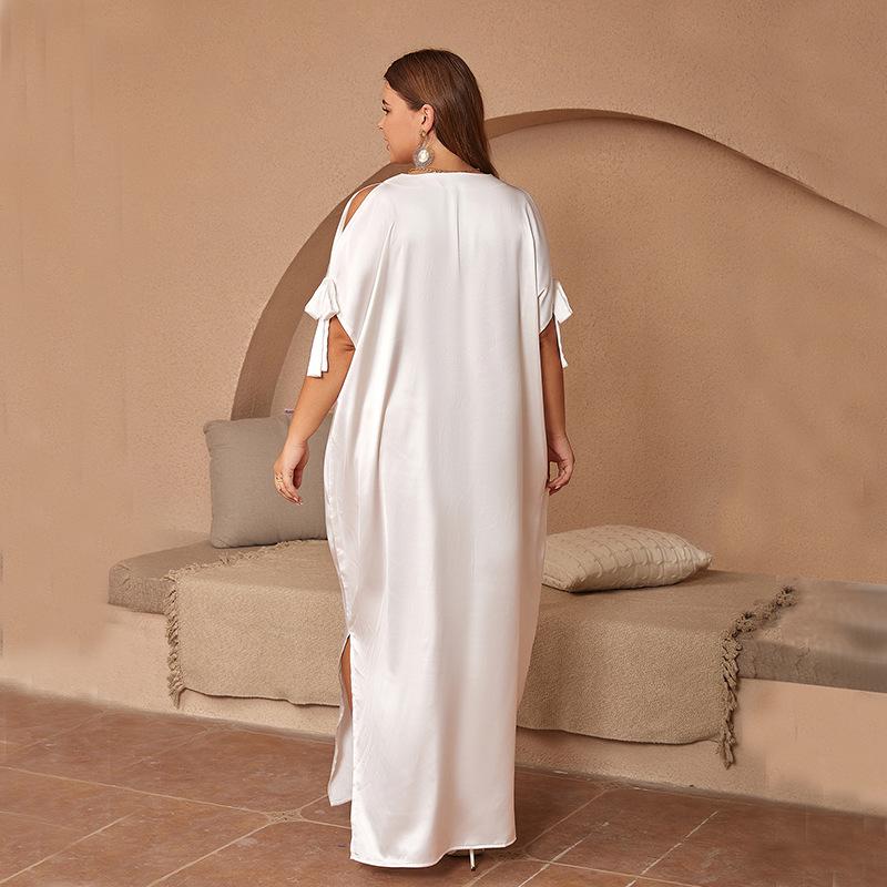 Plus Size Middle Eastern Women's Solid Color Round Neck Bow Slit Long Dress - Loose, Elegant, and Comfortable