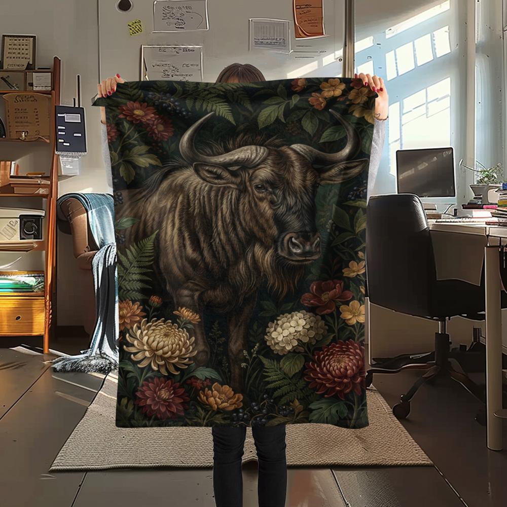 1PC Dark Floral Wildlife Print FlAannel Blanket, High quality Comfortable for All Seasons, Home Decor, Warmth and Comfort