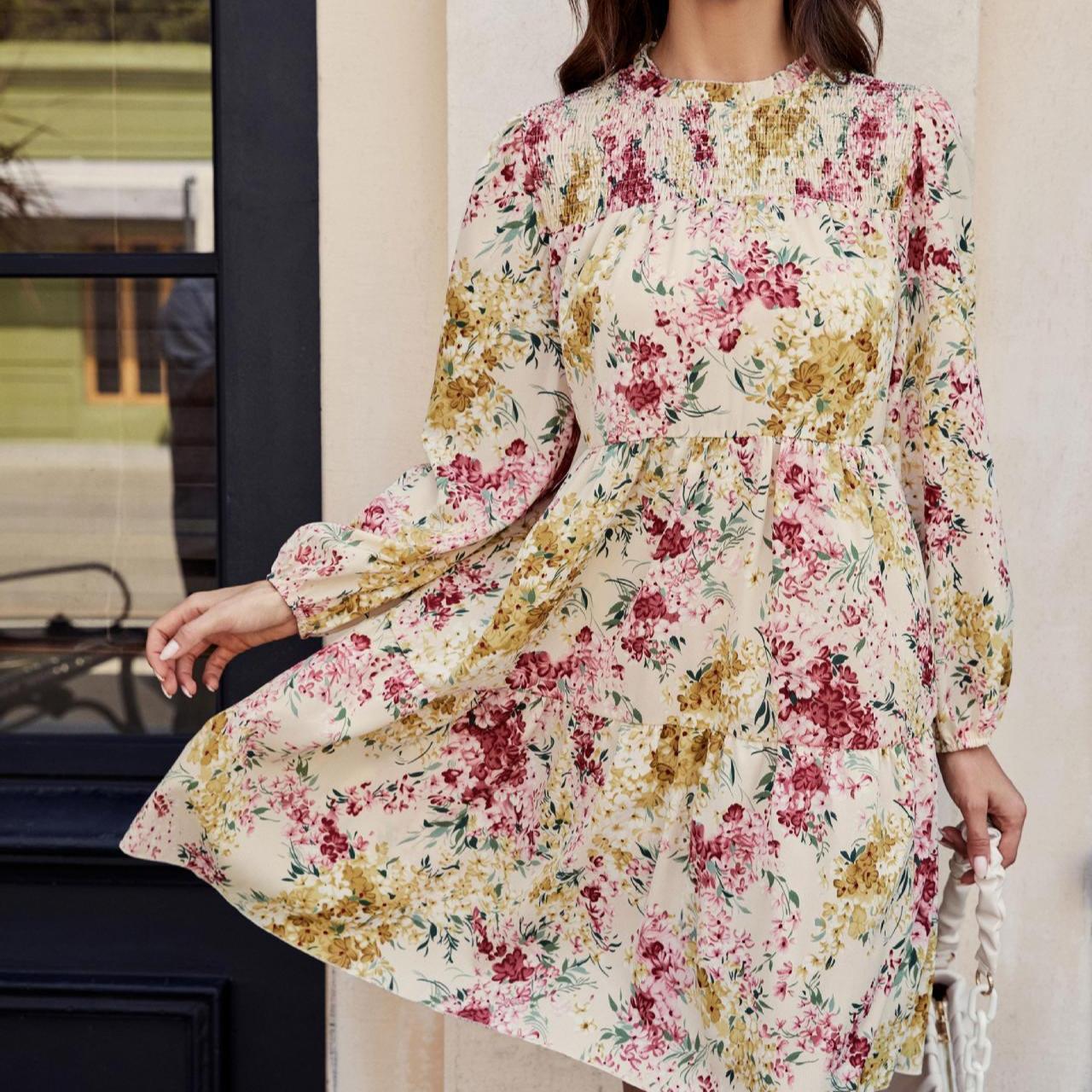 

Spring Loose Waist Cake Skirt Versatile Printed Long Sleeved Dress XL зелений