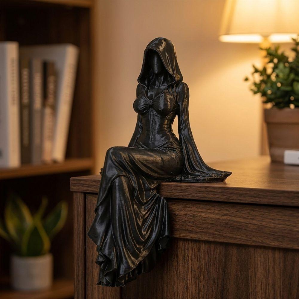 3D Printed Sitting Pose Lady Sculpture Gothic Style Hooded Woman Statue Home Decor