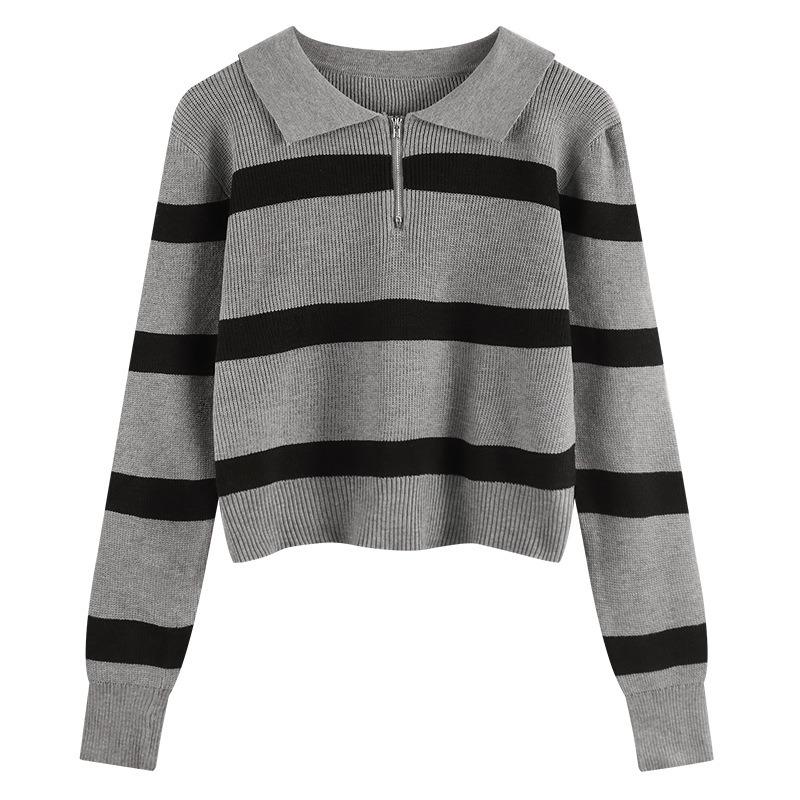Plo neck striped knitted sweater early autumn new women s clothing design sense short unique chic clothes One size fits all [recommended 80-60kg]