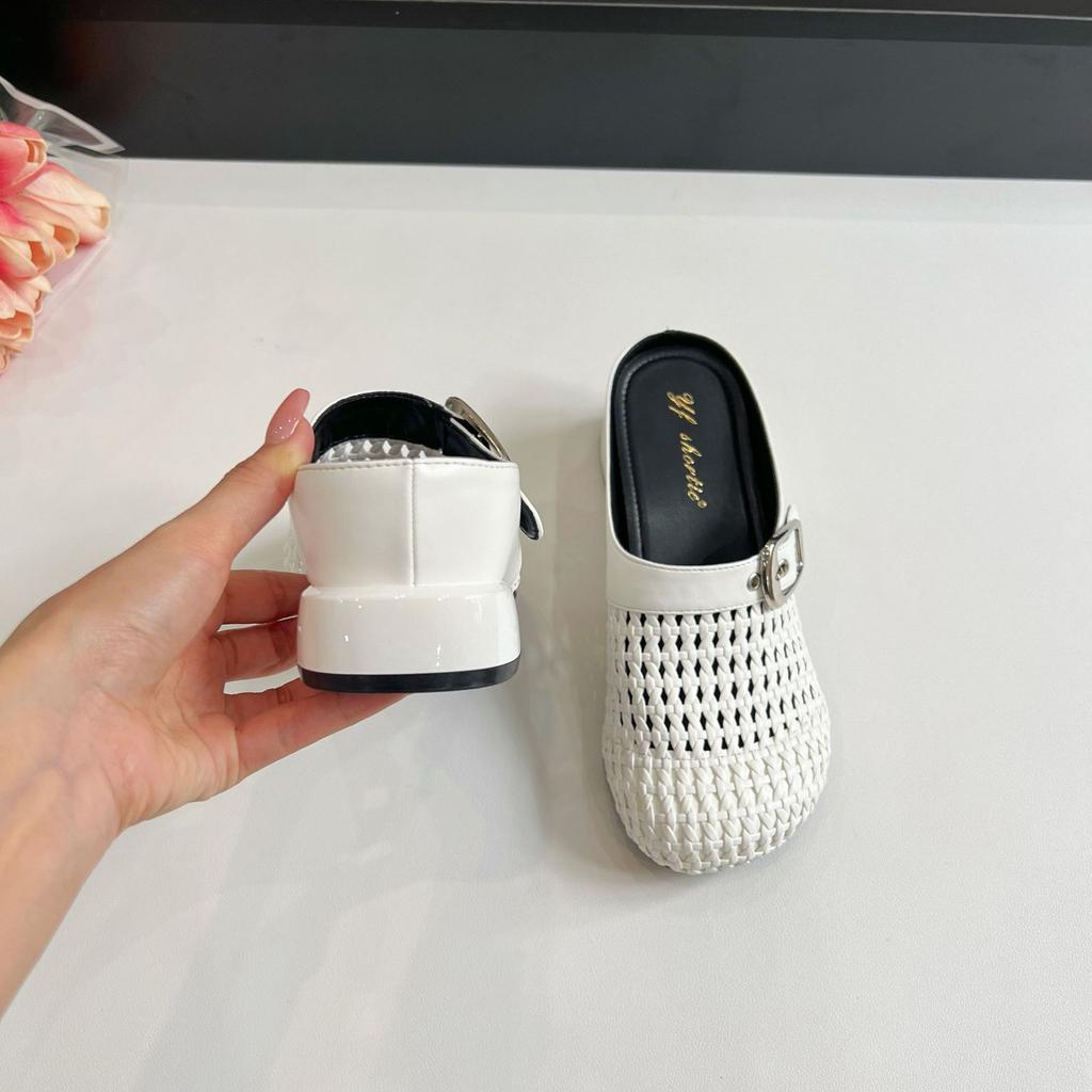 Sheepskin Version~ Inner Heightening Women's Shoes Woven Hollow Thick Heel Muller Shoes 2025 Summer New Models Not Tired Feet Cool Slippers