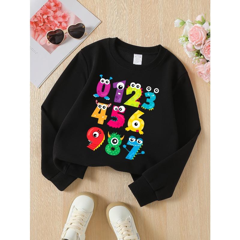 European Sizes Colorful Monster Numbers Fun Learning Girls' Crew Neck Fashion Sweatshirt, Autumn Winter Western Top, Long Sleeved Casual.