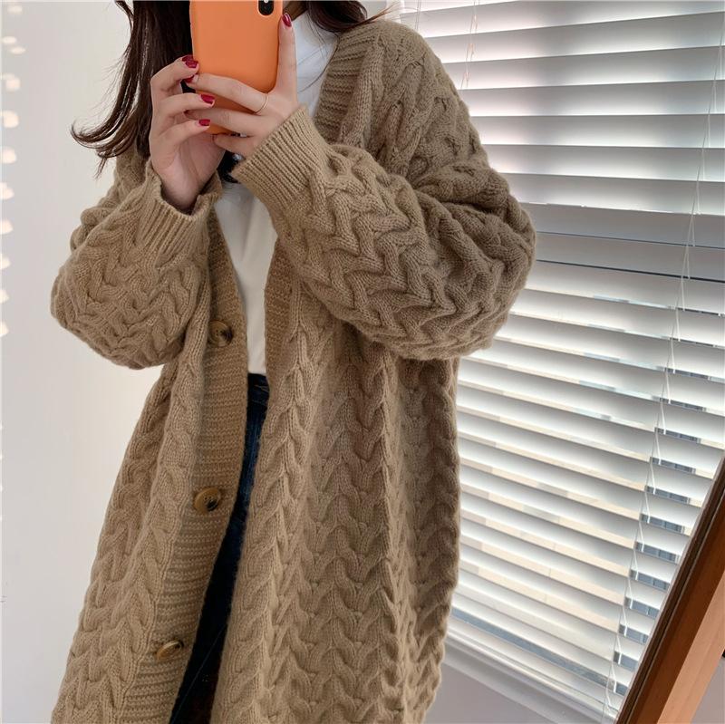 New Warm Thick Wool Women Outerwear Fashion Elegant Knitted Long Sweater Cardigan Office Female Single Breasted Jackets Street