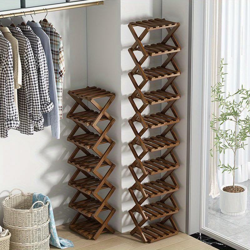 Folding Bamboo Shoe Rack, Multi-Layer Narrow Space Saving Storage Organizer No-Installation Required Shoe Shelf for Small Spaces