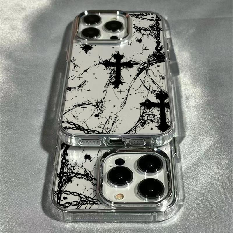 The Dark Cross Electroplated Lens Frame Clear Phone Case for iPhone 17 Air 16 15 14 13 12 11 Pro Max XS Max X TPU Soft Cover
