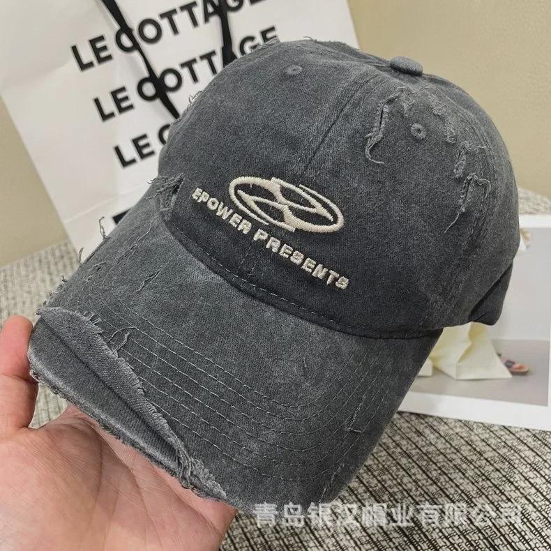 Unisex Vintage Distressed Denim Baseball Cap with Embroidered Letters - Trendy Korean Style for Summer