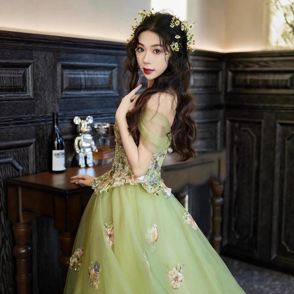 Flower Fairy Evening Dress Student Day Adult Ceremony Host Engagement Princess Gauze Dress One-word Shoulder Art Examination Entrance Performance