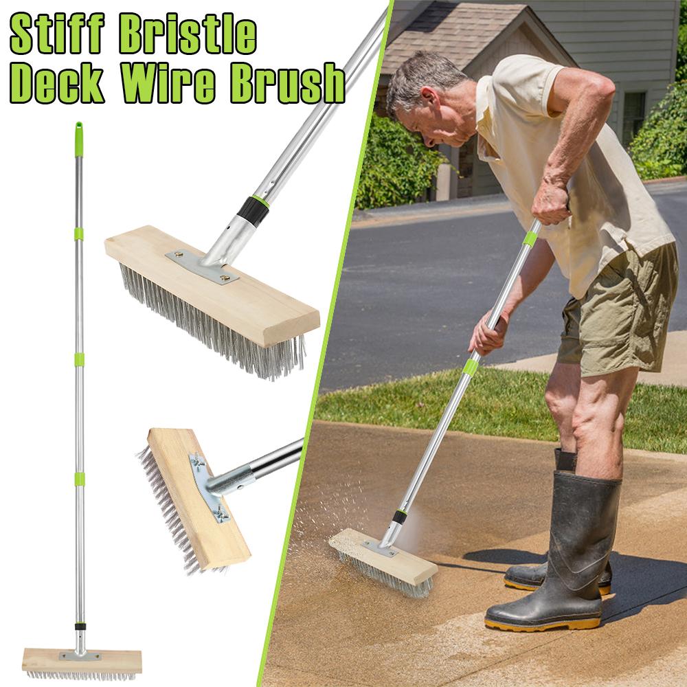 Stiff Bristle Deck Wire Brush Stainless Steel Floor Scrubber Brush with 60 Inch Long Handle 45° Tilt Floor Clean Brush for Home