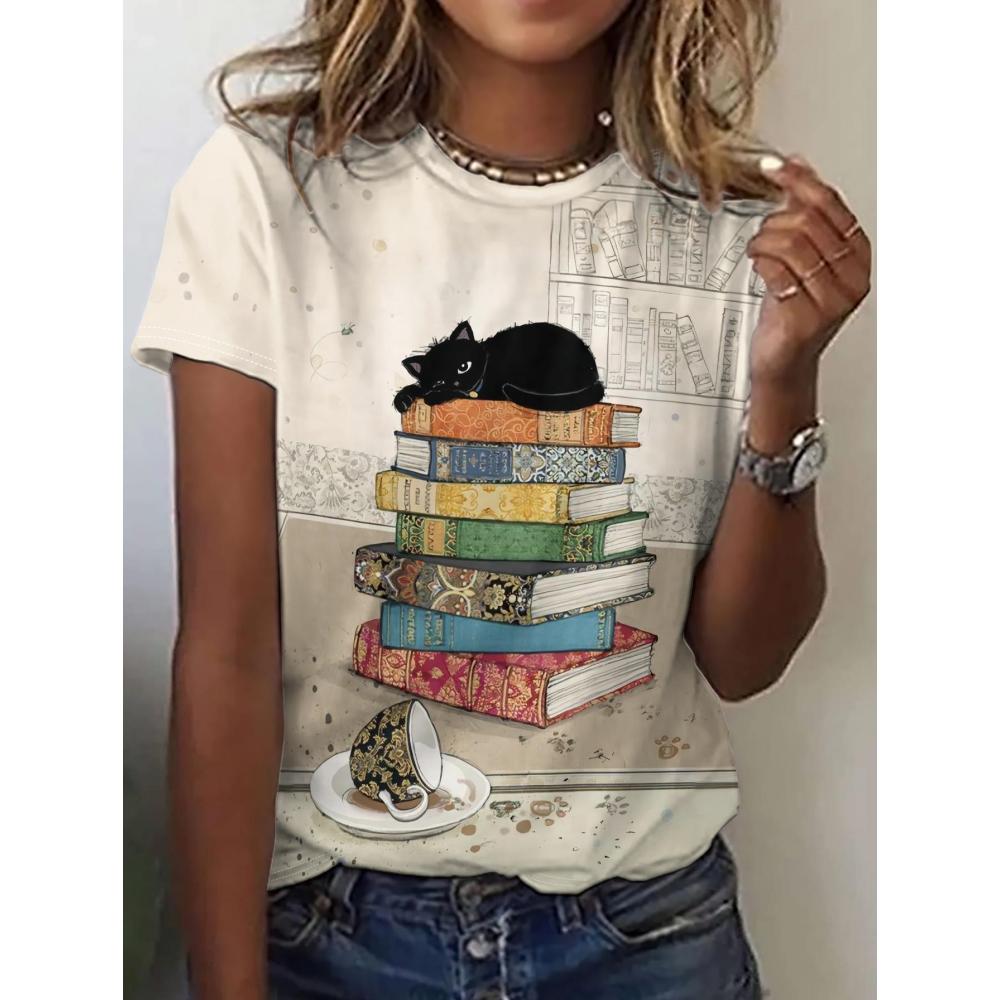 Summer Round Neck 3D Cat Print Top Fashionable Casual Short Sleeved Women's T-shirts