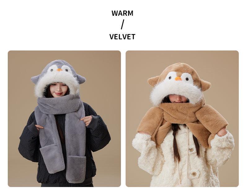 Penguin Ear Protection Hat, Scarf & Neck Warmer Women's 3-Piece Winter Set