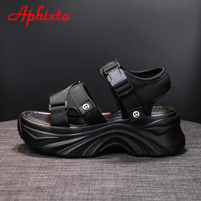 Fashion Aphixta 2025 Buckle Height Increaming Canvas 6.5cm Wedge Heel Platfom Sandals Women Shoes Black Thick Bottom Slides