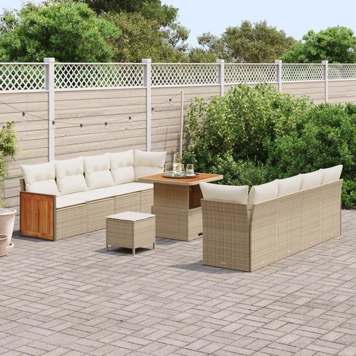 Ensemble de 11 pièces de Canapés de Jardin avec Coussins Beige Poly Rattan Acacia, Ensemble de 3 pièces de Salle à Manger de 3365226