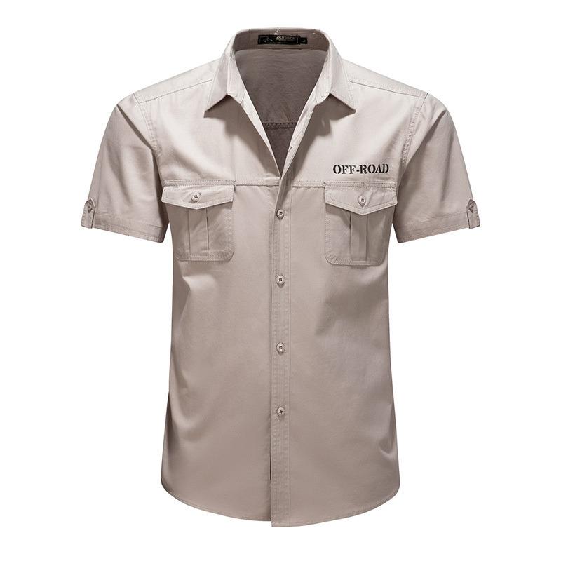 Casual Work Shirt Mens Solid Color Turn Down Collar Double Pocket Short Sleeve Casual Work Shirt
