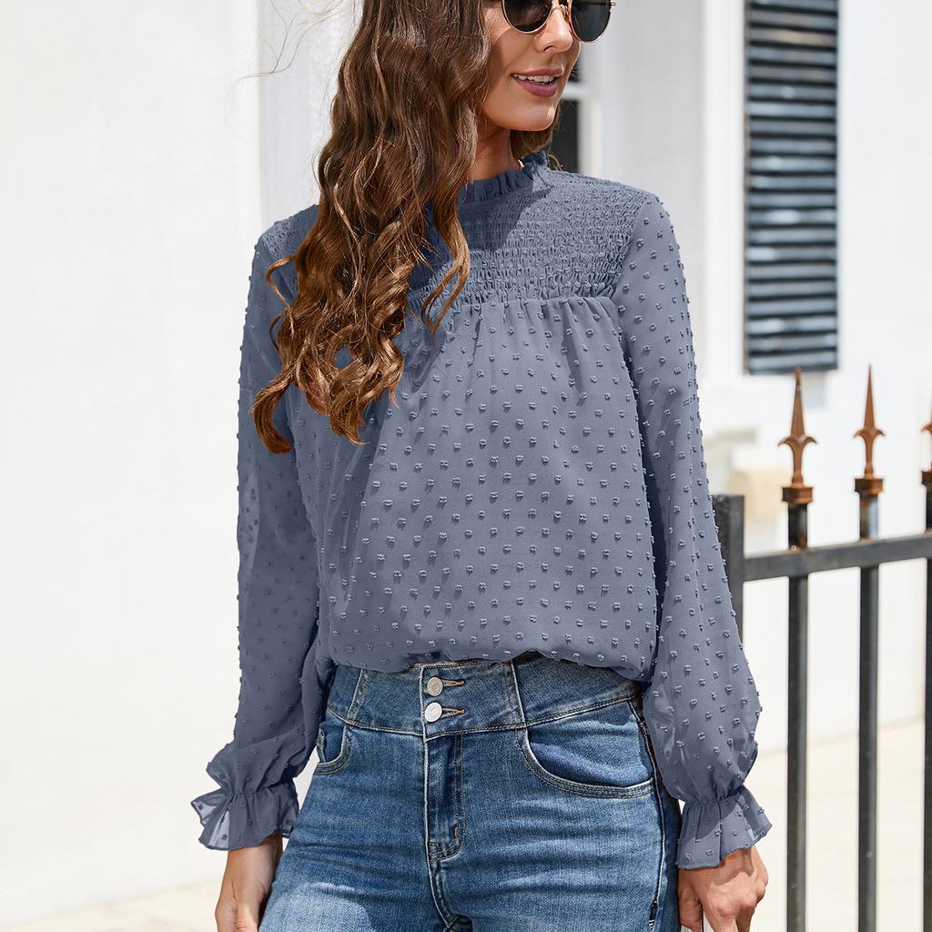 HNXC Women's Fashion Casual Summer Solid Color Print Long Sleeve O-Neck Blouses & Shirts