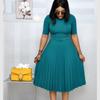Damen Lässiges Plissee-Kleid Sommer Damen Kurzarm O-Ausschnitt Grüne Midi-Kleider
