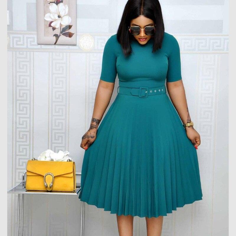 Damen Lässiges Plissee-Kleid Sommer Damen Kurzarm O-Ausschnitt Grüne Midi-Kleider