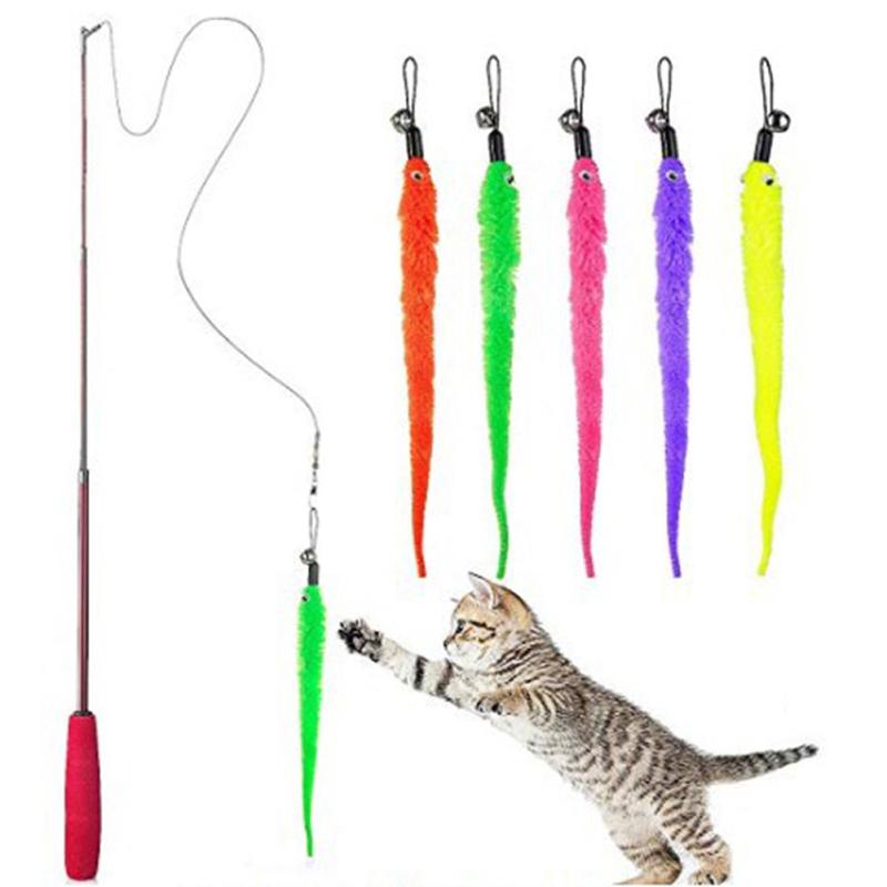 Retractable Rod Pet Cat Interactive Toy with 5 Refills Feather Worm Set