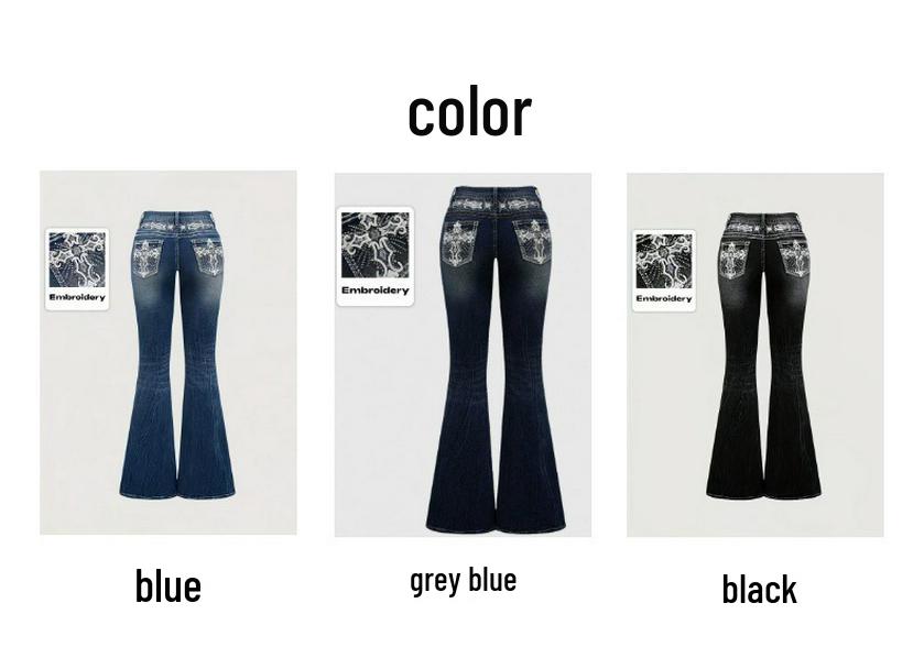 Jeans Donna Vita Alta Lavaggio Scuro Tasca Ricamata Vestibilità Slim Micro-Svasati