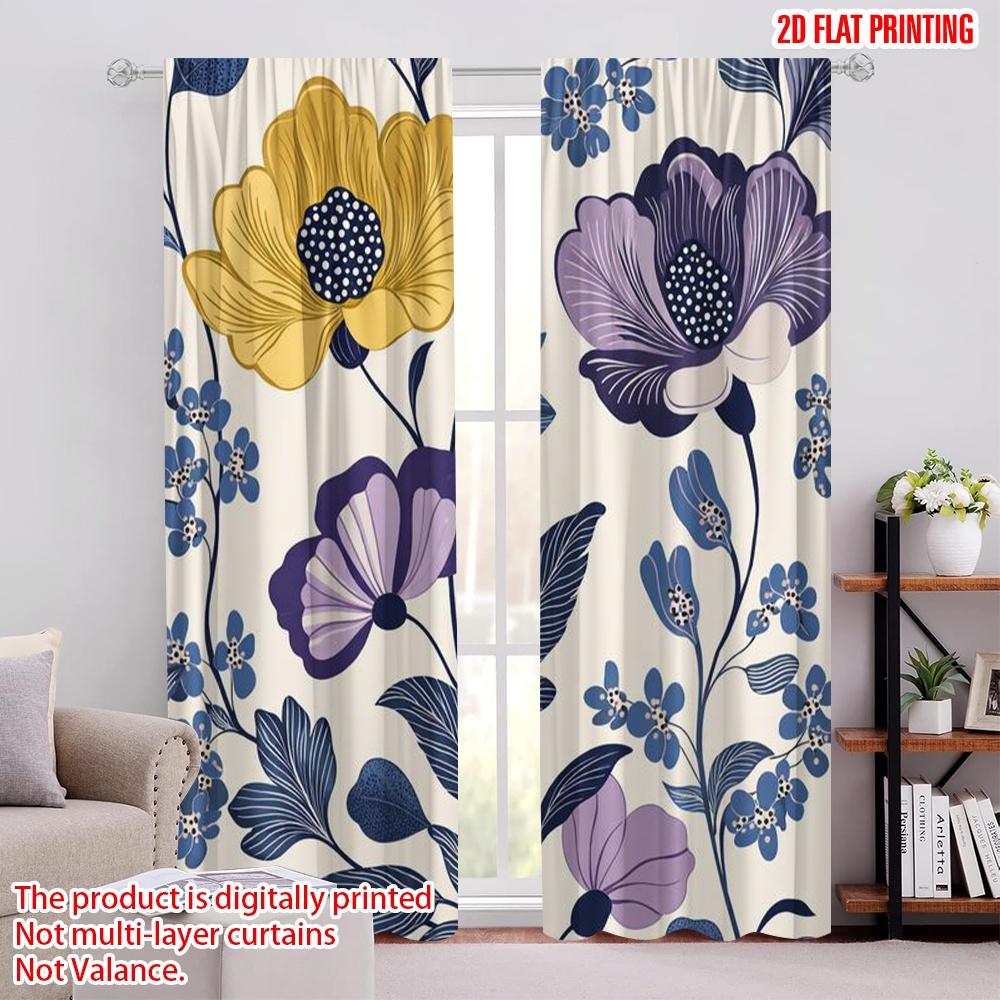 2D flat printing 2pcs Curtain Drapes Yellow and Purple Flowers Digital Printed Polyester Drapes Holiday Decorations Use for
