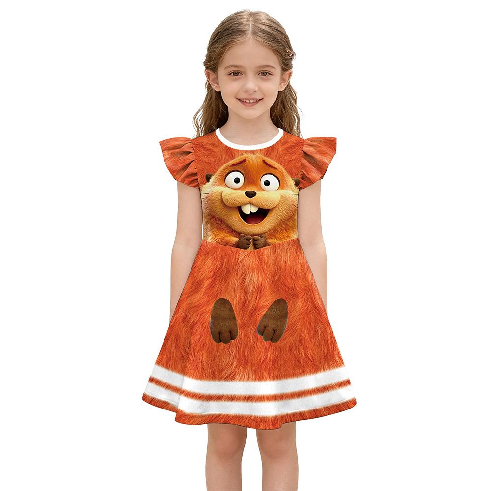 Bear & Friends Cartoon 3D Print Girls' Dress with Flutter Sleeves Party Outfit for Kids