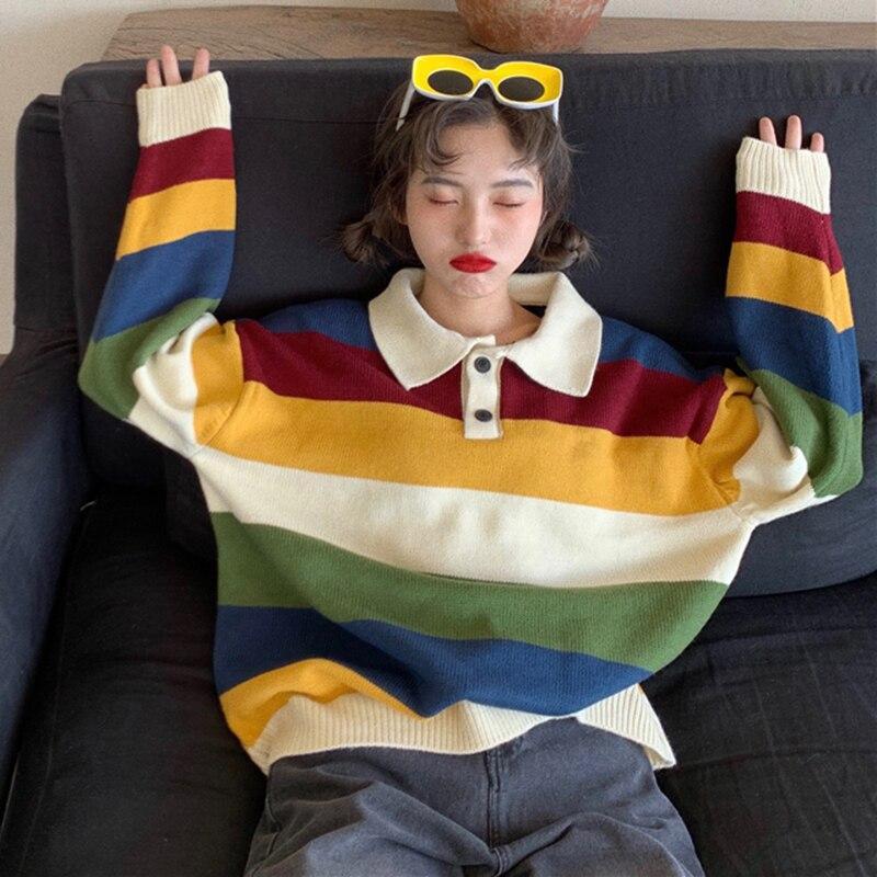European & American Autumn Multicolor Stripe Knit Sweater for Women - Long Sleeve, Loose Fit, Versatile Fashion Style