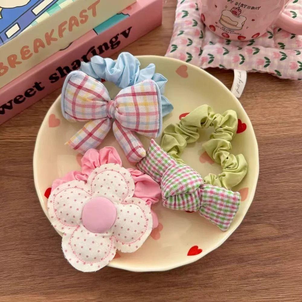 Sweet Girl Style Ponytail Headwear Dot Print Flower Elastic Rubber Bands for Girl's Women