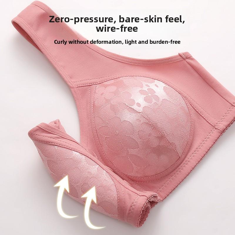 Plus Size Bra for Mature Women Front Closure Fixed Cup Wireless Push Up Anti Sagging Side Smoothing Mom Comfortable Supportive Underwear