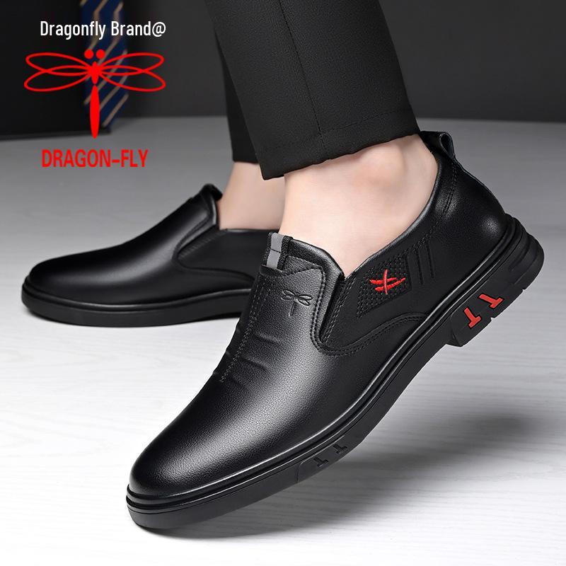 Qingting Men's 2025 Soft Sole Leather Slip-On Business Casual Shoes - Non-Slip, Round Toe, Dad Style