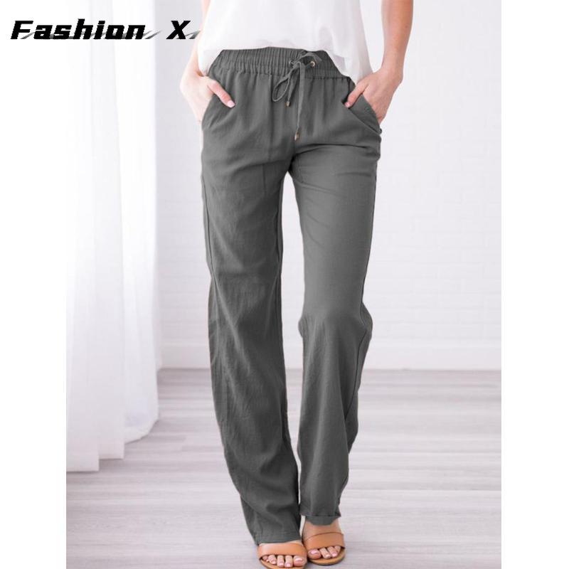 Pantaloni da donna larghi a gamba larga tinta unita cotone lino coulisse pantaloni casual