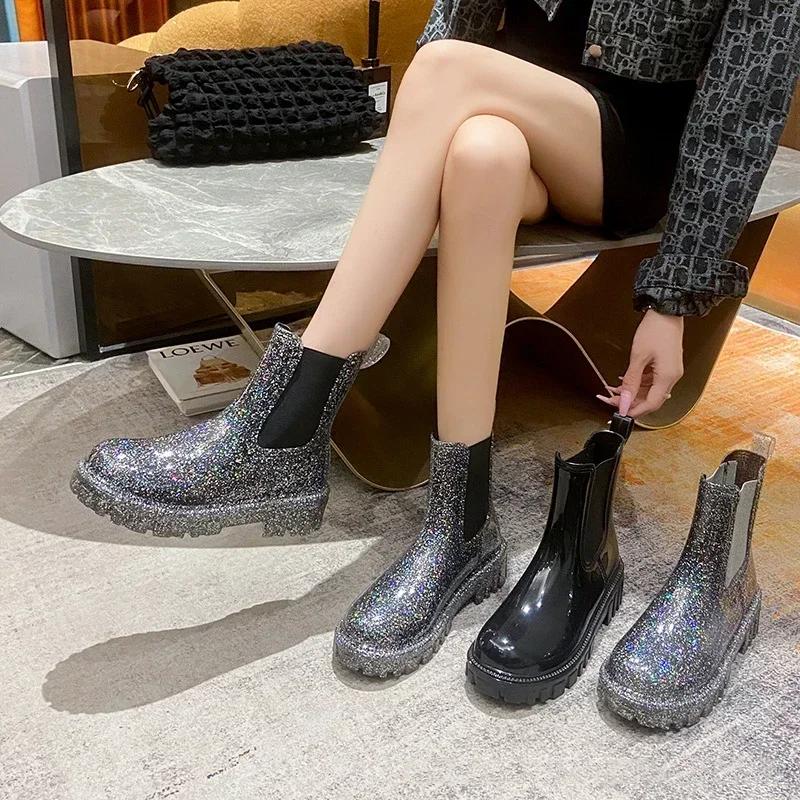 Fashion New Women's Shiny Color Fashion Rain Boots Four Seasons Wearable Water Shoes Ladies Outdoor Waterproof Mid-tube Ankle Boots