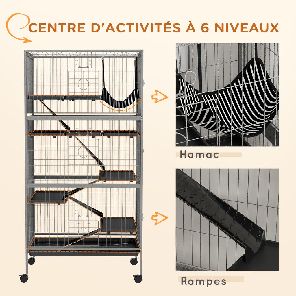 Multifunctional rodent cage with 4 platforms, 3 ramps, and 4 doors. Dimensions: 80L x 52W x 159H cm. Silver-grey/black steel.