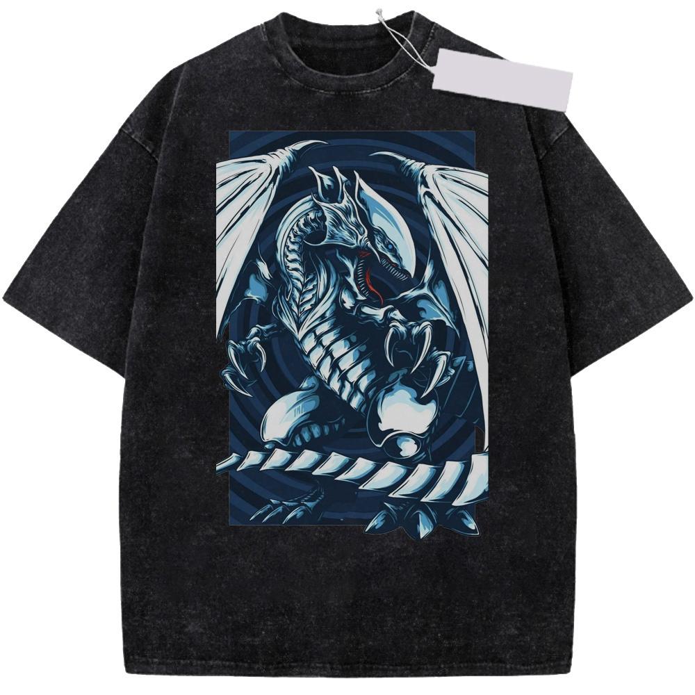 Anime Yu Gi Oh BlueEyes White Dragon Unisexga T Shirt For Unisex Clothing Vintage Washed Oversized Casual Cotton Streetwear Tshirt