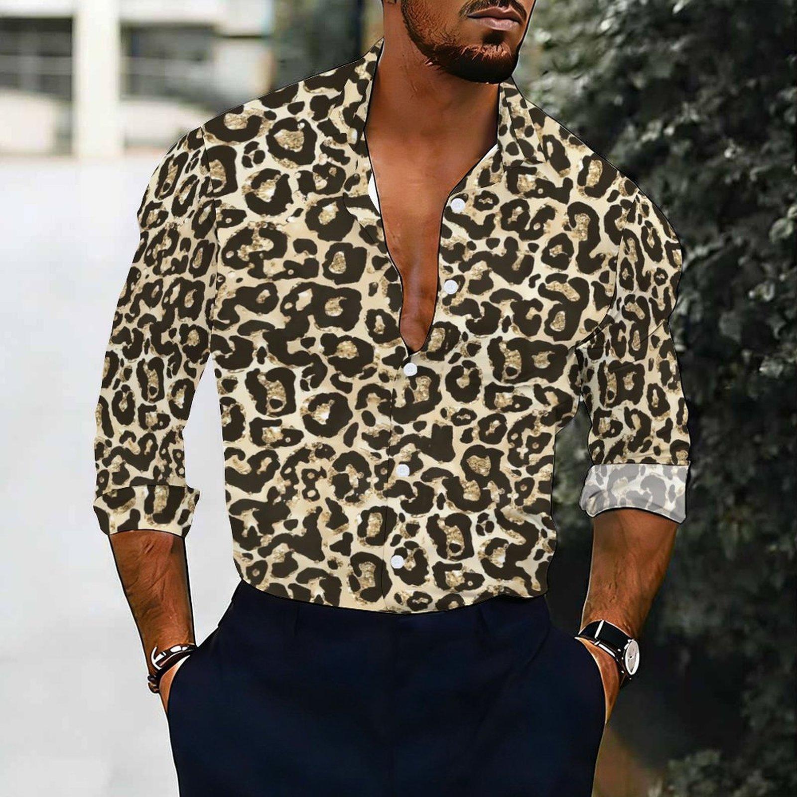 Herren Hemd mit Kragen Beige Braun Leopard Tierprint Langarm Knopfleiste Oberteil 6XL gray