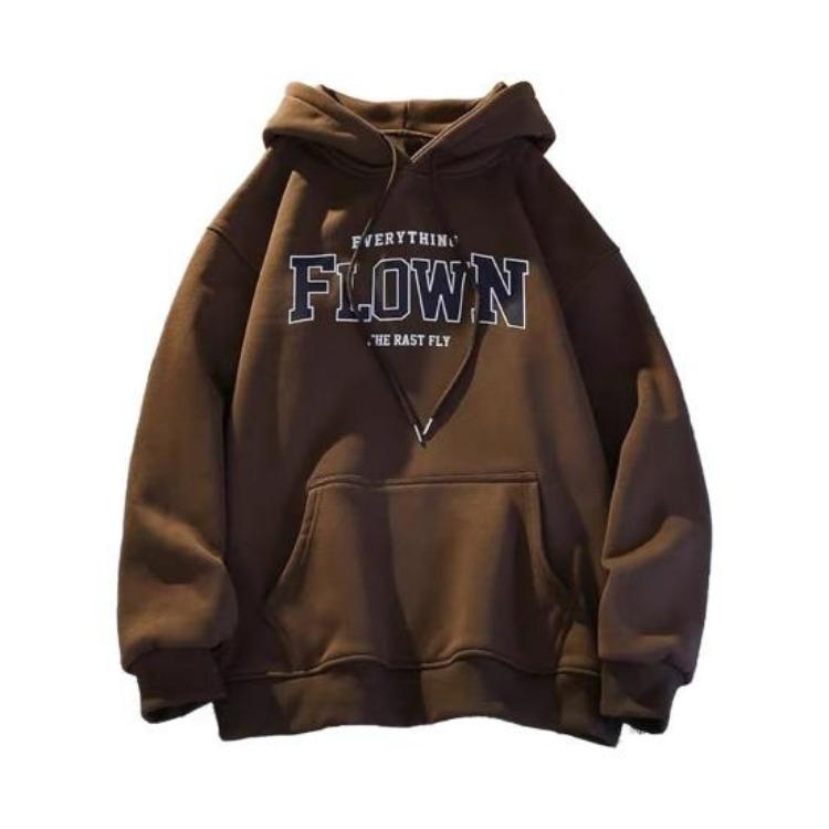 

Unisex Casual Hoodie Long Sleeves Letter Print Solid Color Daily Wear Couple Top Elastic Cuff Big Pocket Mid Length Fall Spring Hooded XXXL кавовий