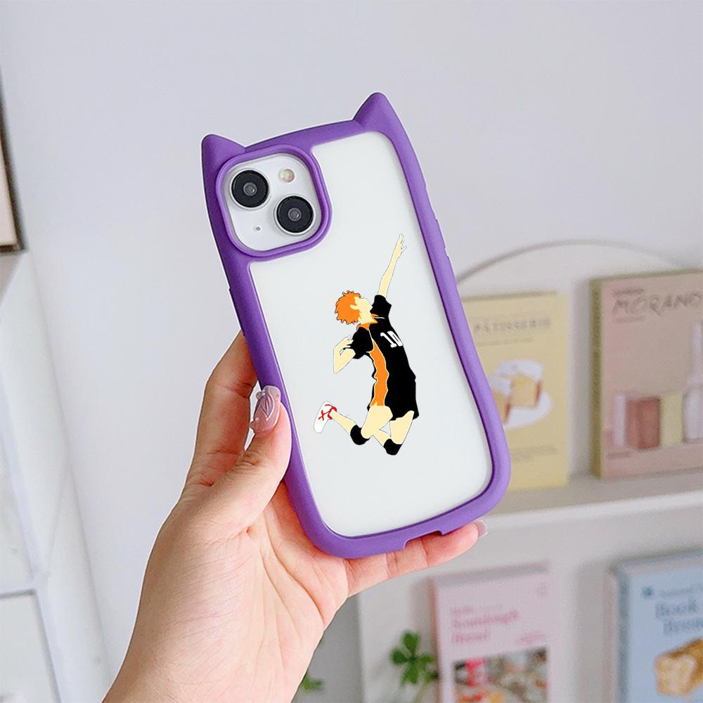 Soft Cat Ear Phone Cases for iPhone 16 15 13 12 11 Pro Max 14 Plus Silicone Anti-Drop Transparent Acrylic Back Cover N69 Anime Haikyuu X Reader Art