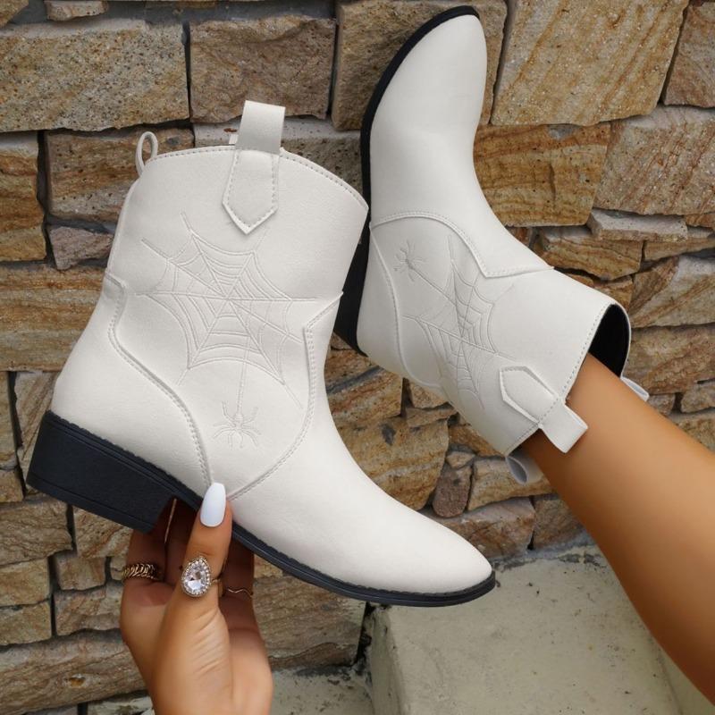 Damenstiefel für Herbst und Winter Spitz Zehen Quadratische Absätze Mid-calf Stickerei Retro Britischer Stil Stiefeletten
