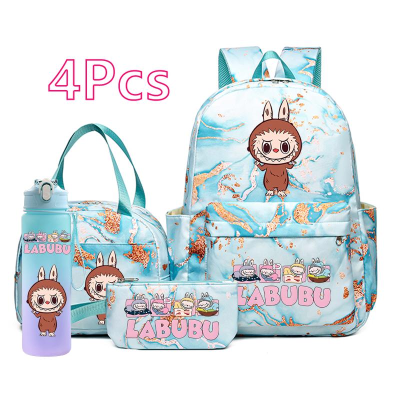 4Pcs/set Cartoon printed Backpack Pencil Bag Lunch Bag Outdoor Water Bottle Student Girl Large Capacity Schoolbag Travel Bag Gift
