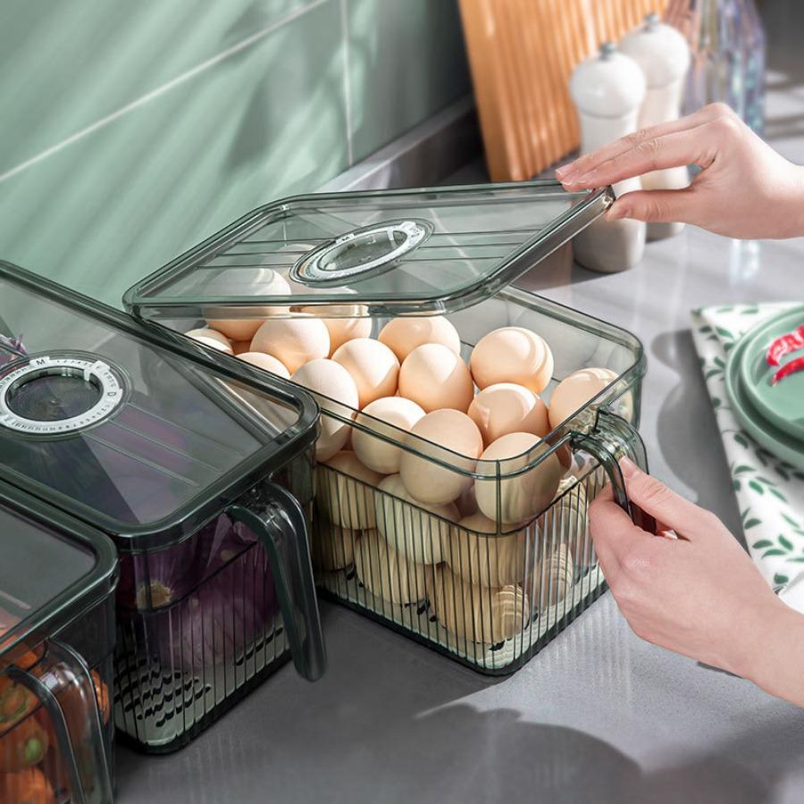 Refrigerator Storage and Fresh-keeping Box, Household Draining Food Preservation Sealing Tape, Handle Storage Box
