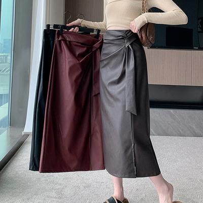 Jupe trapèze slim taille haute style coréen pour femme, jupe mi-longue fendue, droite, en cuir PU