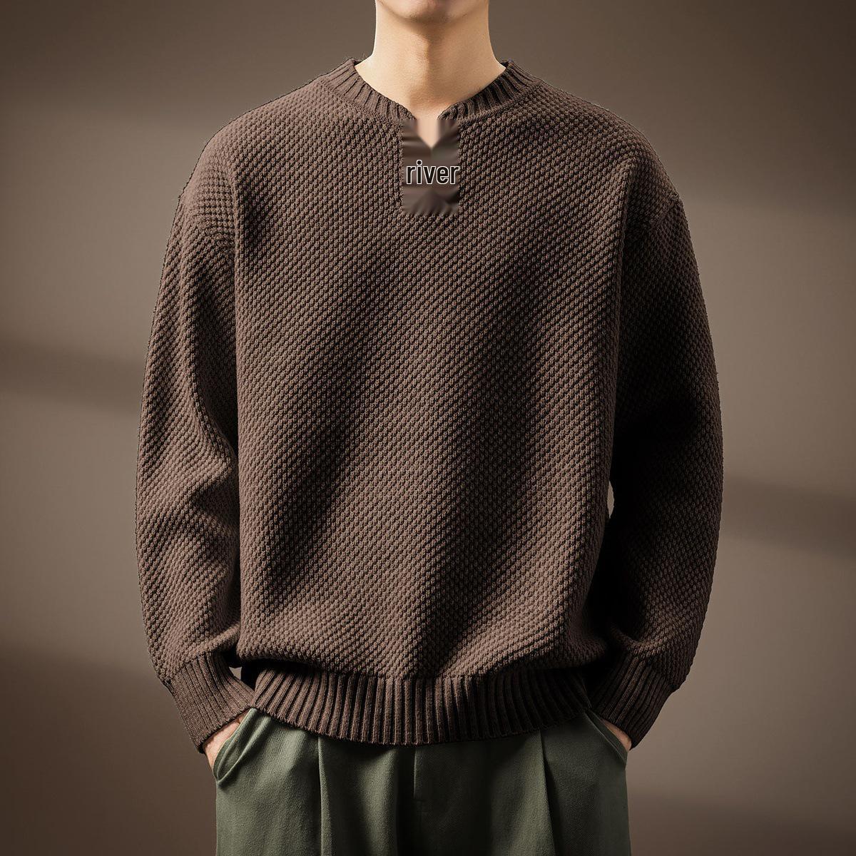 

Luxury British Henley Collar Men s Sweater - 2025 Autumn/Winter Collection: Loose, Casual, Heavyweight Knitwear M (110-130 jin) кавовий