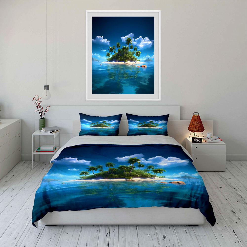 Tropical Palm Island with Blue Water Print Bedding Set 1Duvet Cover 2Pillowcases for Adult and Children Luxury Gift Full Size